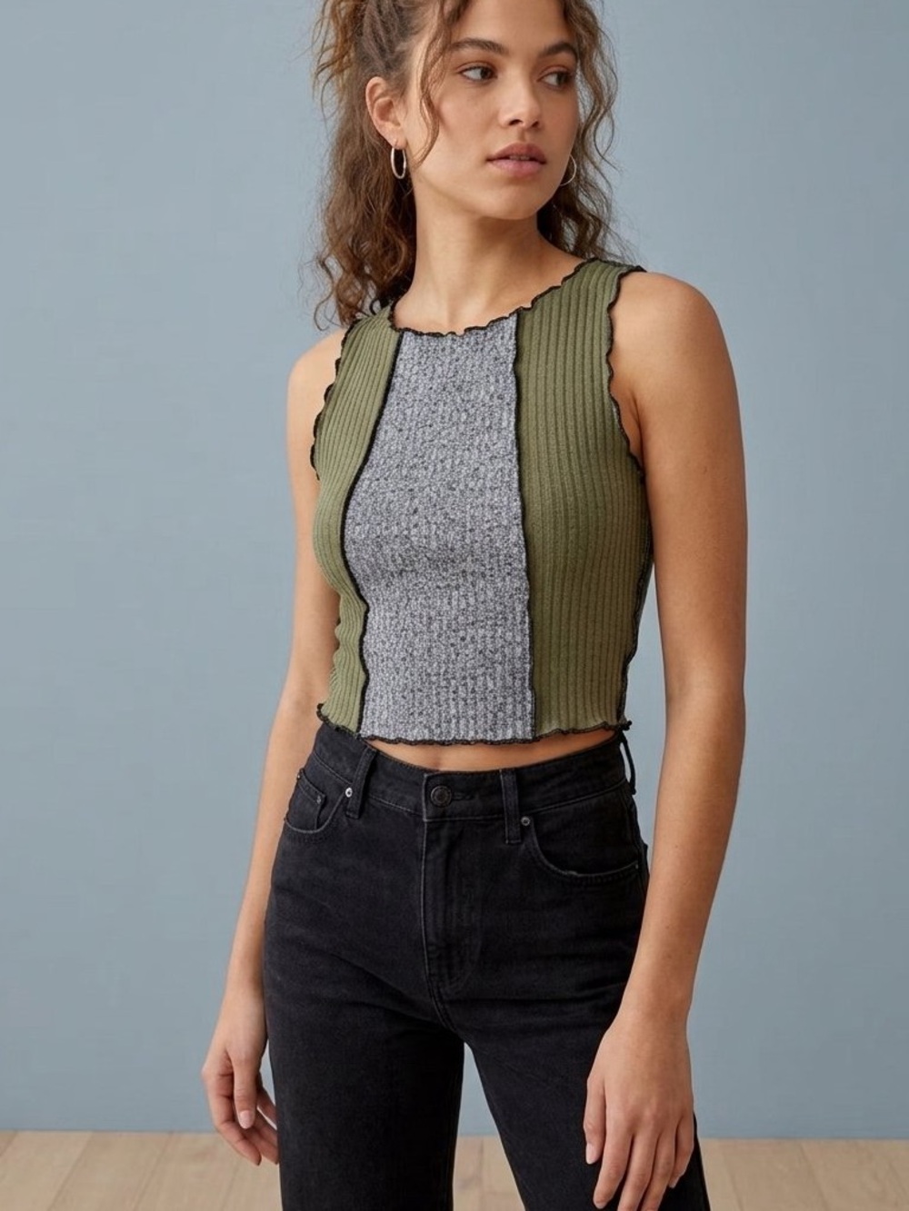 SHEIN Olive & Gray Ribbed Colorblock Cropped Tank